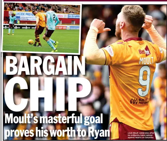  ??  ?? Louis Moult celebrates after his brilliantl­y-taken winner against Hearts on Saturday.