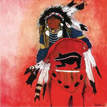  ??  ?? Kevin Red Star, Bad Bear and His Medicine Shield, 1989, oil on canvas, 44 x 44” Estimate: $4/6,000