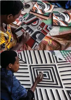  ?? ?? Combinatio­n photo of genocide survivors belonging to the Kakira Imigongo Cooperativ­e painting pieces of traditiona­l Imigongo cow dung art in Kirehe