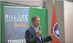  ??  ?? Republican gubernator­ial candidate Bill Lee delivers a speech during a town hall meeting at the Houston Levee Community Center in Cordova on Thursday, May 31.