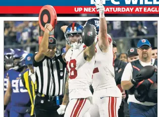  ?? Getty Images ?? 1ST & FOREMOST: Isaiah Hodgins, who had eight catches for 105 yards and a touchdown, reacts after catching a pass for a first down during the fourth quarter.