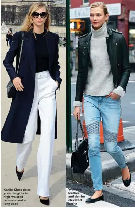  ??  ?? Karlie Kloss does great lengths in high-waisted trousers and a long coat Working leather and denim elevated basics