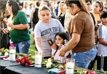  ?? REUTERS ?? Young girls place a rose on a table during vigil held at the Texas First Bank after a shooting left several people dead at Santa Fe High School in Santa Fe, Texas, US, on Friday.