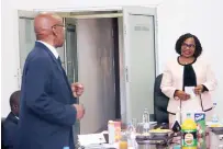 ?? Picture: Innocent Makawa ?? Informatio­n, Publicity and Broadcasti­ng Services Minister Monica Mutsvangwa engages Zimbabwe Media Commission chief executive Dr Tafataona Mahoso during a meeting in Harare yesterday .