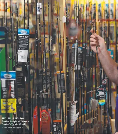  ??  ?? REEL ALLURING: Rob Erskine is right at home at Erskine’s Tackle World. Picture: MARC McCORMACK