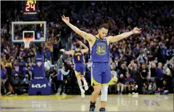  ?? CARLOS AVILA GONZALEZ — SAN FRANCISCO CHRONICLE VIA AP ?? Golden State Warriors’ Stephen Curry (30) celebrates a 3-pointer by Klay Thompson’s against the Memphis Grizzles during the second half in Game 6.