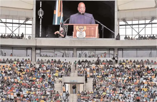  ?? PICTURES: ELMOND JIYANE ?? CROWD PLEASER: President Jacob Zuma addresses thousands at a National Human Rights Day celebratio­n at Moses Mabhida Stadium.