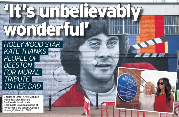  ??  ?? Godber at large: Artist Zabou’s mural features Richard Beckinsale. Inset: Kate Beckinsale unveils a plaque at her father’s old school, College House, Chilwell, in 2013