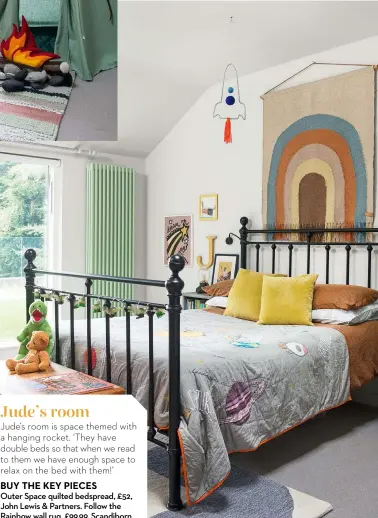  ?? ?? Outer Space quilted bedspread, £52, John Lewis & Partners. Follow the Rainbow wall rug, £99.99, Scandiborn