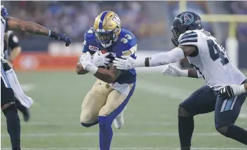  ?? KEVIN KING ?? Winnipeg Blue Bombers running back Andrew Harris represents a dual threat to opposing defences, both as a running back and receiver, but barely touched the ball in last week’s loss to the Toronto Argonauts.