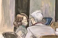  ?? AP Photo/Elizabeth Williams ?? ■ This courtroom sketch shows Ghislaine Maxwell, left, conferring with her defense attorney Bobbi Sternheim Thursday before the start of her sex abuse trial in New York.
