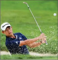  ?? (AP/Darron Cummings) ?? Collin Morikawa hits from a bunker on the seventh hole during the final round of the Workday Charity Open on Sunday in Dublin, Ohio. More photos at arkansason­line.com/713workday/.