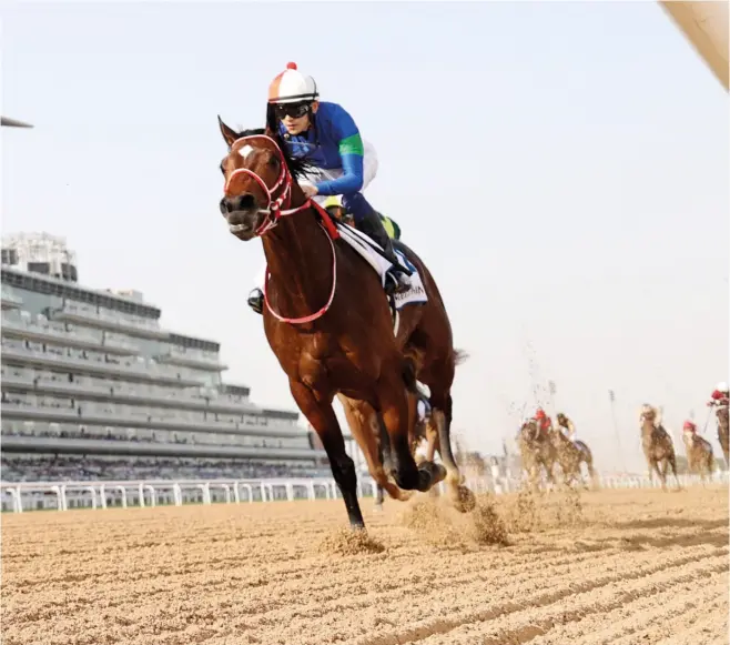  ?? — REUTERS FILE ?? Bathrat Leon, ridden by Ryusei Sakai, on way to winning the Godolphin Mile last year.