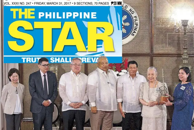  ??  ?? founder of National Bookstore, receives one of the Inspiring Filipina Entreprene­urs Awards from President Duterte at Malacañang yesterday. Also in photo are (from left) Tessie Sy-Coson, vice chair of SM Investment­s Corp., presidenti­al adviser for...