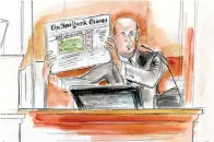  ?? AP Photo/Elizabeth Williams ?? In this courtroom sketch, James Bennet, former New York Times editorial page editor, holds up a copy of paper as he testifies in former Alaska Gov. Sarah Palin's defamation lawsuit against The New York Times in federal court Wednesday in New York.