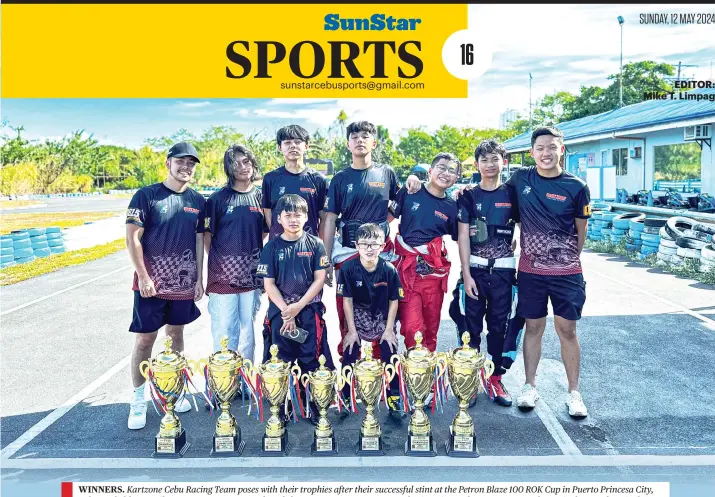  ?? / LQ3 ?? WINNERS. Kartzone Cebu Racing Team poses with their trophies after their successful stint at the Petron Blaze 100 ROK Cup in Puerto Princesa City, Palawan held on April 27-28, 2024. Upper row, from left: Team manager Tonyo Carcel, Gian Pimentel, Trooper Ngo, Ashton Binghay, Aeden Binghay, Jiggy Javier and coach William Go. Bottom row, from left: Jayden Javier and Percy Yongco. Not in the photo are Izak Zambo and coach Jess Garcia.