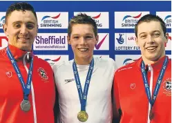  ?? Getty. ?? Top: Stephen Milne, right, with Daniel Jervis, centre, and Timothy Shuttlewor­th; above: gold medallist Duncan Scott alongside Jack Thorpe, left, and Kieran McGurkin.