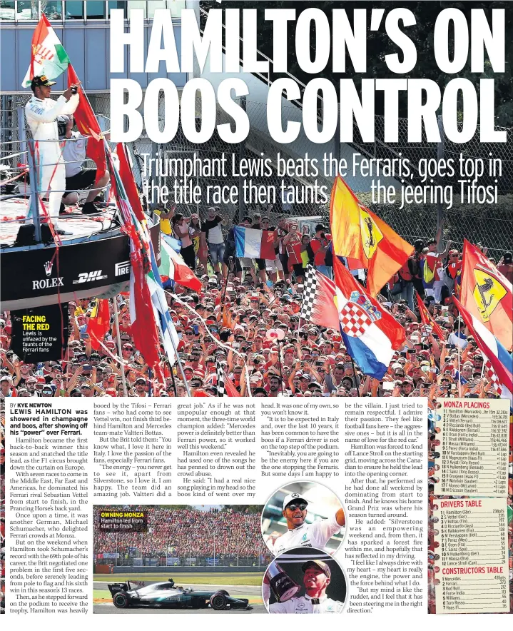  ??  ?? Lewis is unfazed by the taunts of the Ferrari fans OWNING MONZA Hamilton led from start to finish