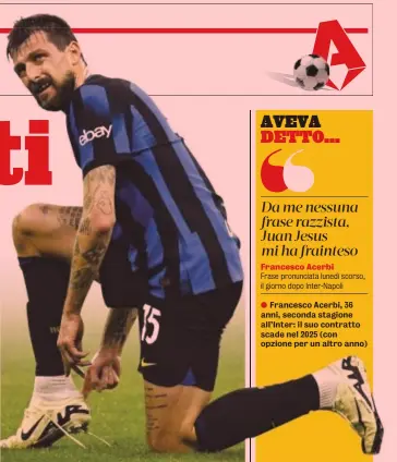  ?? ?? Francesco Acerbi, 36 anni, seconda stagione all’Inter: il suo contratto scade nel 2025 (con opzione per un altro anno)