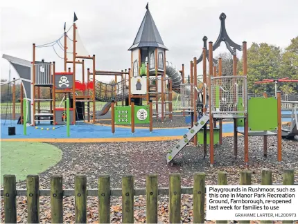  ?? GRAHAME LARTER, HL200973 ?? Playground­s in Rushmoor, such as this one in Manor Park Recreation Ground, Farnboroug­h, re-opened last week for families to use