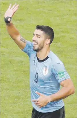  ?? Picture: Reuters ?? CLASSY. Uruguay’s Luis Suarez celebrates after scoring their first goal against Russia in their final group game at Samara Arena yesterday.