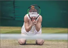  ?? Will Oliver EPA/Shuttersto­ck ?? A FORMER NO. 1 player, Simona Halep falls to her knees after she defeated seven-time Wimbledon champion Serena Williams 6-2, 6-2 in 56 minutes.