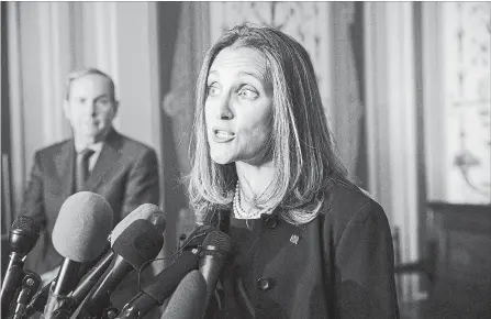  ?? J. SCOTT APPLEWHITE THE ASSOCIATED PRESS ?? Foreign Affairs Minister of Chrystia Freeland speaks with reporters after meeting with the U.S. Senate Foreign Relations Committee in Washington on Wednesday.