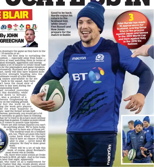  ??  ?? Good to be back: Hardie enjoys his return to the Scotland fold, while (inset) Finn Russell and Huw Jones prepare for the match in Dublin