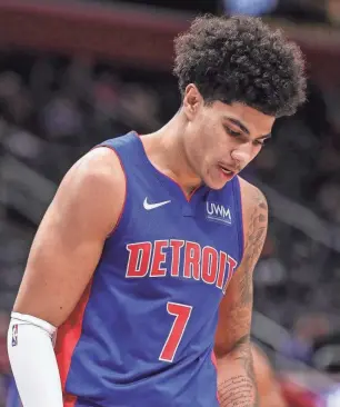  ?? JUNFU HAN/DETROIT FREE PRESS ?? Pistons guard Killian Hayes reacts to a play against the Grizzlies during the Pistons’ 116-102 loss on Wednesday at Little Caesars Arena.