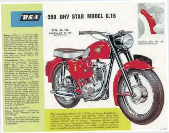  ?? ?? BSA’S catalogue page depicting the C15 road machine. It was ready to mobilise the nation’s youth as the 250cc learner limit loomed.
