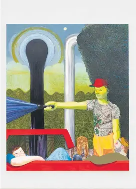  ??  ?? Hauptsache, der Gelbgesich­tige ist noch nicht von der Rauchwolke im Bild niedergeri­ssen: „Dark Light“(2017) von Nicole Eisenman. Wien