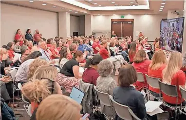  ?? ?? Teachers from across the state attend the Indiana State Board of Education meeting on Wednesday to express their anger and frustratio­n over the rollout of the new early literacy endorsemen­t requiremen­ts, which they say places too many burdens on teachers.