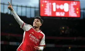  ?? Justin Tallis/AFP/Getty Images ?? Kai Havertz celebrates scoring Arsenal’s second goal in the 87th minute. Photograph: