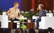  ?? KOTINSKY/GETTY IMAGES/TNS DAVE ?? Justin Bieber and Ellen DeGeneres appear at “The Ellen DeGeneres Show” Season 13 Bi-Coastal Premiere at Rockefelle­r Center on Sept. 8, 2015, in New York.