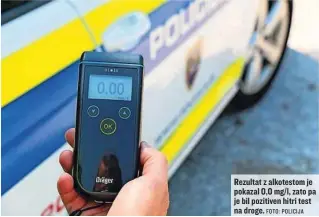  ?? FOTO: POLICIJA ?? Rezultat z alkotestom je pokazal 0,0 mg/l, zato pa je bil pozitiven hitri test na droge.