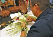  ?? PHOTOS BY MELANIE METZ/FOR THE NEW MEXICAN ?? TOP: Christophe­r Lewis from Zuni Pueblo demonstrat­es his plant weaving skills at the Free Indian Market Show.