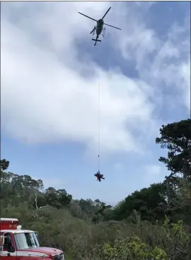  ?? SONOMA COUNTY SHERIFF’S OFFICE ?? A Sonoma County sheriff’s helicopter, with help from Marin County Fire and Marin County Search and Rescue, extract hikers Carol Kiparsky and Ian Irwin from the Inverness forest.