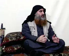  ?? Bild: Al-furqan media/ap/tt ?? Bild ur en video med Abu Bakr al-baghdadi som släpptes i april. I videon sade han bland annat att striden om al-baghuz, den sista Is-kontroller­ade orten i Syrien, var över.