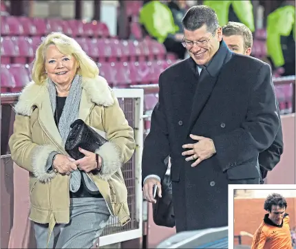  ??  ?? Hearts owner Ann Budge in more-jovial times with SPFL chief executive Neil Doncaster, while Micky Mellon’s young Tangerines (bottom left) may struggle in the Premiershi­p says Hearts and United legend Eamonn Bannon
