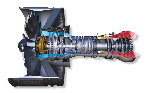  ??  ?? A cutaway view of PurePower PW1000G engine