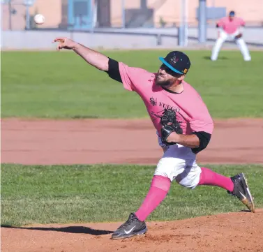  ?? CLYDE MUELLER/THE NEW MEXICAN ?? Santa Fe Fuego starter Jimmy Daley throws Wednesday against the Salina Stockade at Fort Marcy Ballpark. The Fuego lost 18-6 and end the season Thursday against Salina.