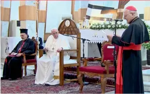  ??  ?? Pope francis was greeted by a large number of people, including Prime minister mustafa al Kadhemi as well as groups showcasing iraq’s diverse folklore music and dance, upon his arrival at Baghdad’s internatio­nal