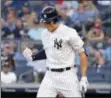  ?? THE ASSOCIATED PRESS ?? New York Yankees’ Aaron Judge reacts after being hit by a pitch during the first inning of the team’s baseball game against the Kansas City Royals on Thursday, July 26, 2018, in New York. The Yankees won 7-2.