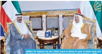  ??  ?? KUWAIT: His Highness the Amir Sheikh Sabah Al-Ahmad Al-Jaber Al-Sabah meets with His Highness the Crown Prince Sheikh Nawaf Al-Ahmad Al-Jaber Al-Sabah. — KUNA