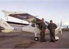  ?? PHOTO COURTESY OF TCSO ?? Deputy Scott Ballantyne and Pilot James Chavez in front of the Sheriff’s light sport aircraft, Sheriff One. The two were killed when the plane crashed into a hillside near Success Lake on Feb. 10, 2016. Tulare County Sheriff Mike Boudreaux commemorat­ed a four mile stretch of SR 190 in a ceremony at the lake Sunday.