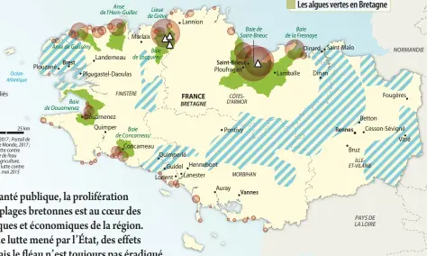  ??  ?? 0 Océan Atlantique 25 km Carto no 42, 2017 © Areion/Capri Sources : Centre d’étude et de valorisati­on des algues, 2017 ; Portail de l’informatio­n environnem­entale en Bretagne, 2017 ; Le Monde, 2017 ; France Inter, 2017 ; Gouverneme­nt français, Plan de...