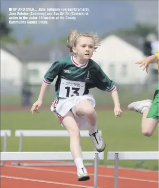  ??  ?? UP AND OVER... Jane Tempany ( Skreen/ Dromard), Jane Rolston ( Coolaney) and Eva Griffin ( Coolera) in action in the under- 10 hurdles at the County Community Games Finals.