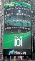  ?? —PHOTO FROM DOUBLEDRAG­ON ?? DEBUT Nasdaq tower billboard heralds the future listing of Hotel101 Global under the ticker “HBNB.”