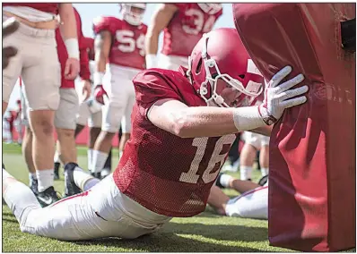  ?? NWA Democrat-Gazette/CHARLIE KAIJO ?? Arkansas freshman linebacker Bumper Pool participat­es in a drill during spring practice in March. New Razorbacks Coach Chad Morris first recruited Pool when he was at SMU and Pool was at Lucas (Texas) Lovejoy.