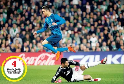  ?? Reuters ?? Real Madrid’s Cristiano Ronaldo leaps over Real Betis goalkeeper Antonio Adan during their La Liga match. —